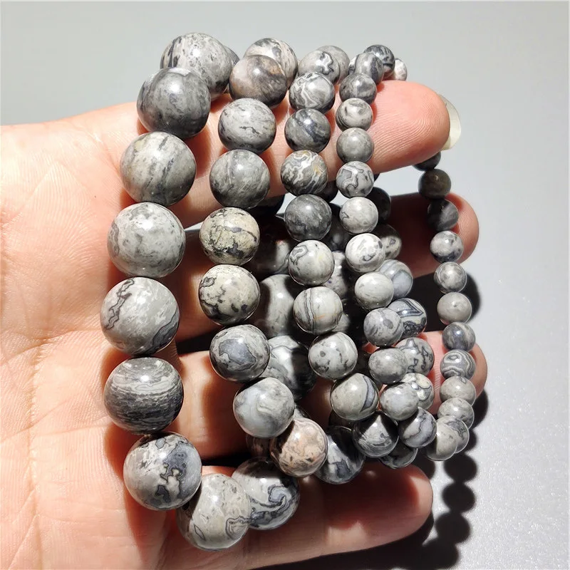 Hot Selling Natural Stone Beaded Bracelet Handcrafted Gray Map Elastic Men's Bracelet Holiday Popular Bead Jewelry Gifts coralin