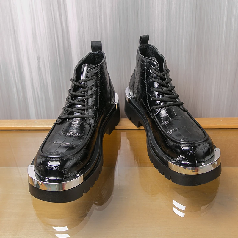 

Men Business Short-top Combat Boots Black Lace-up Thick-soled Anti-slip Fashionable Large-head Training Shoes Social Shoes Men
