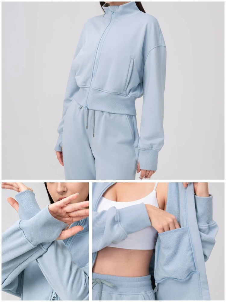 VITALINOVO Damen-Jacken mit Reißverschluss, Stehkragen, kurzes Sweatshirt mit Taschen, Daumenloch, Herbst, langärmlig, Sportjacken, Winter – Detail 9