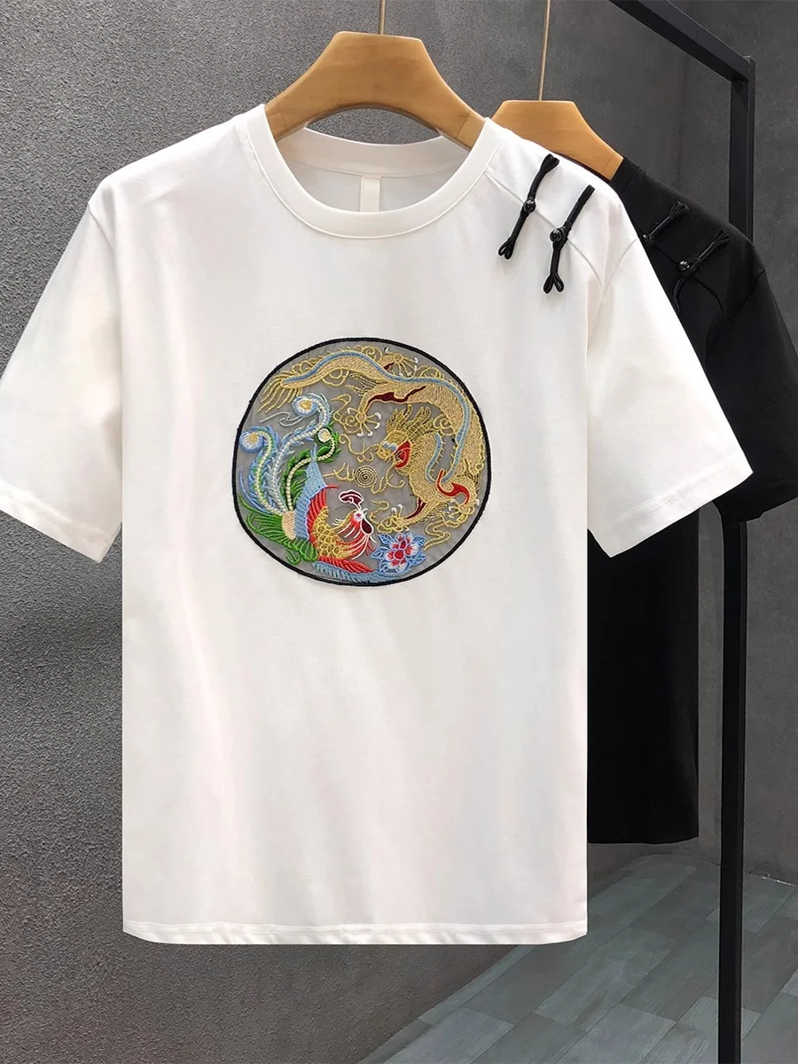 

Новая китайская футболка оверсайз с вышивкой, премиум-класса, свободного кроя, универсальная, с коротким рукавом