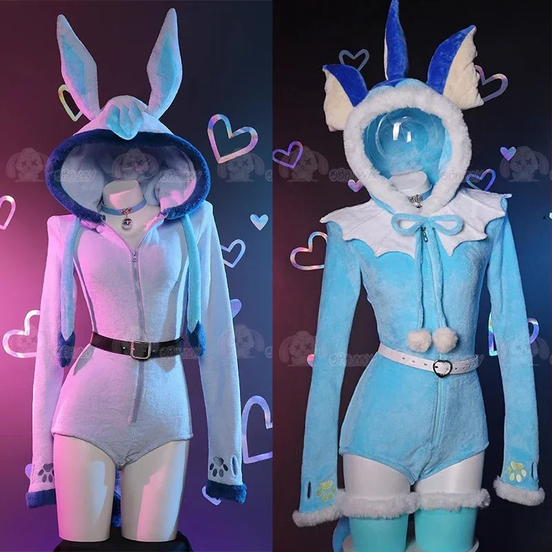

Derivative Fluffy Bodycon Romper Sexy Vaporeon Cosplay Lingerie Blue Furry Hooded Bodysuit Homewear with Tail Belt and Socks