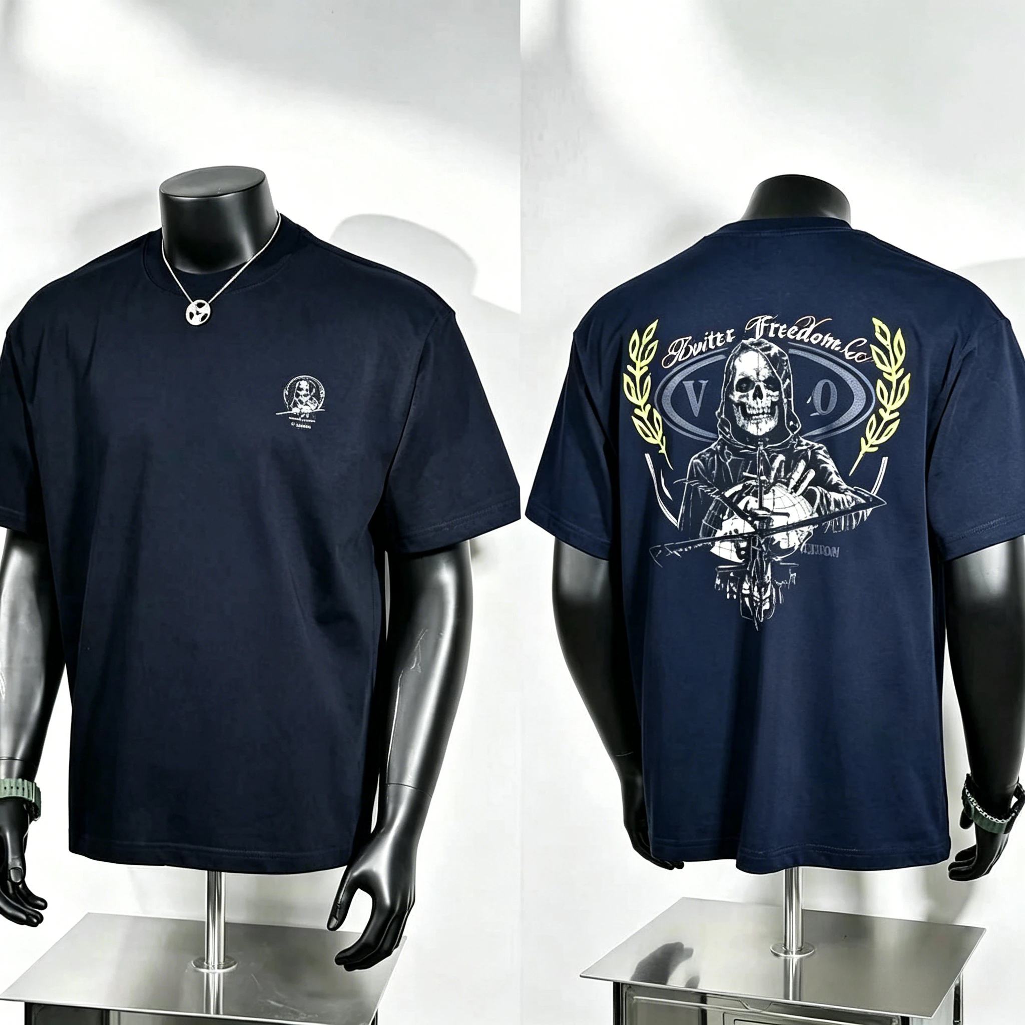 Vintage Laurel Badge T Shirt, Bitter Freedom Co Cursive Font Surrounding Hooded Skull Globe, Gothic Tactical Street Tee