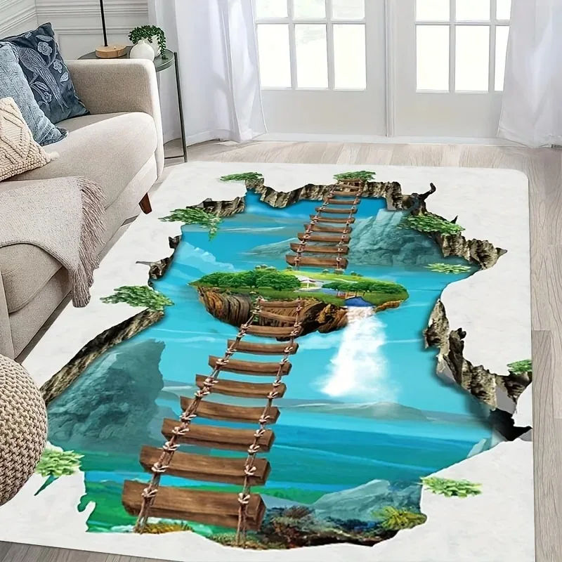 3D Visual Illusion Doormat Floor Mat Sky Cliff Stone Steps Cave Scenery Print Carpet for Home Entrance Kitchen Bathroom Decor