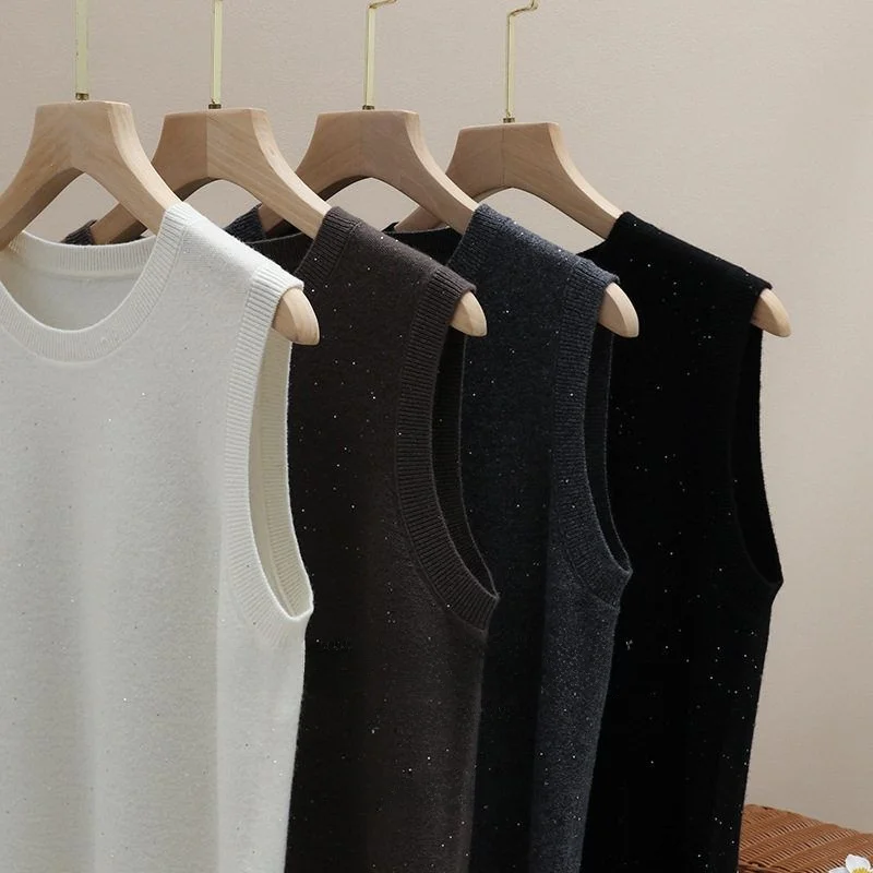 

iny Sequin Knitted Wool Vest Svel round Ne Layering Women's Faion Casual Sle Autumn New Arrival Girls' Wear