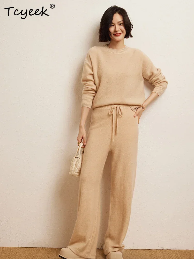 Two-piece Autumn Winter Sweater Women Suite Pullover Pants 100% Cashmere Sweater Pant Pullover Set Bright Silk Sequin Grace Knit