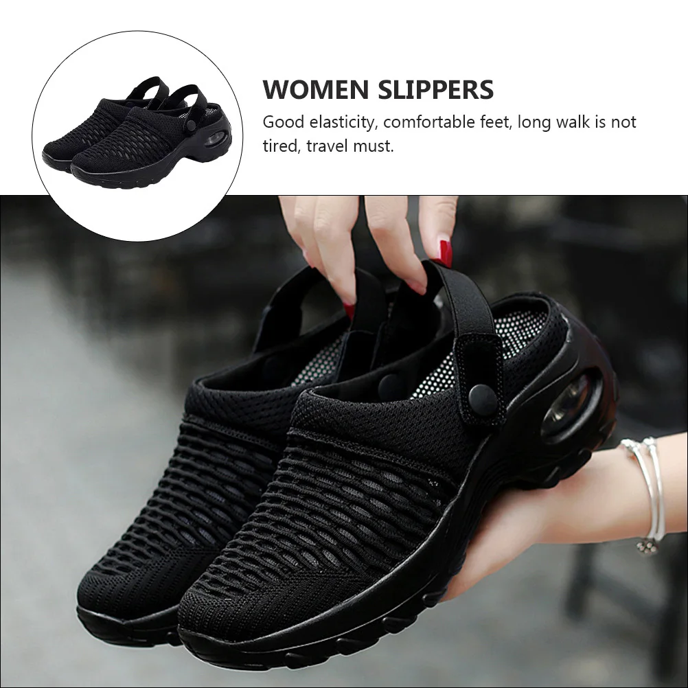 

1Pair Women Mesh Breathable Half Slippers Black Summer Shoes Lightweight Comfortable Simple Design Thin Bottom Footwear