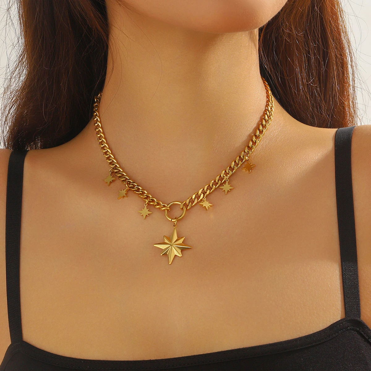 LAMENGLY 316L Stainless Steel Classic Simple Star Cross Angel Sunflower Pendant Necklace Women Trend Non-Fading Clavicle Chain