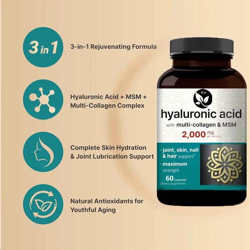 Hyaluronic Acid Supplement || Contains Msm And Multi Collagen -3-in-1 Support - Skin Moisturizing, Joint Lubrication, Eye