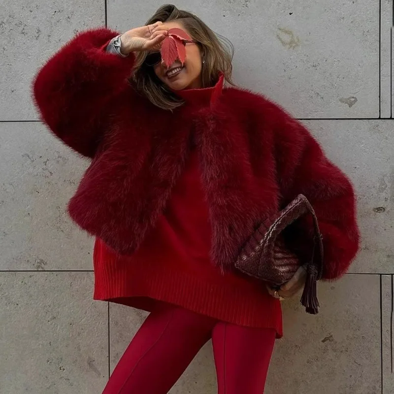 TARUXY Solid Color Hooded Lmitation Fur Coat Women's Fashion Loose Long Sleeves Plush Thick Jacket Winter New High Street Female