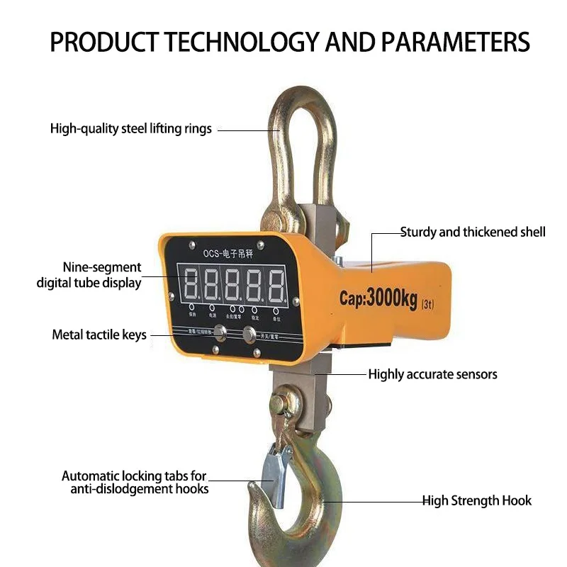 1-10T Industrial Crane Scale Digital Hanging Scale with Visible LED Display Electronic Hook with Remote Control Charging Cable