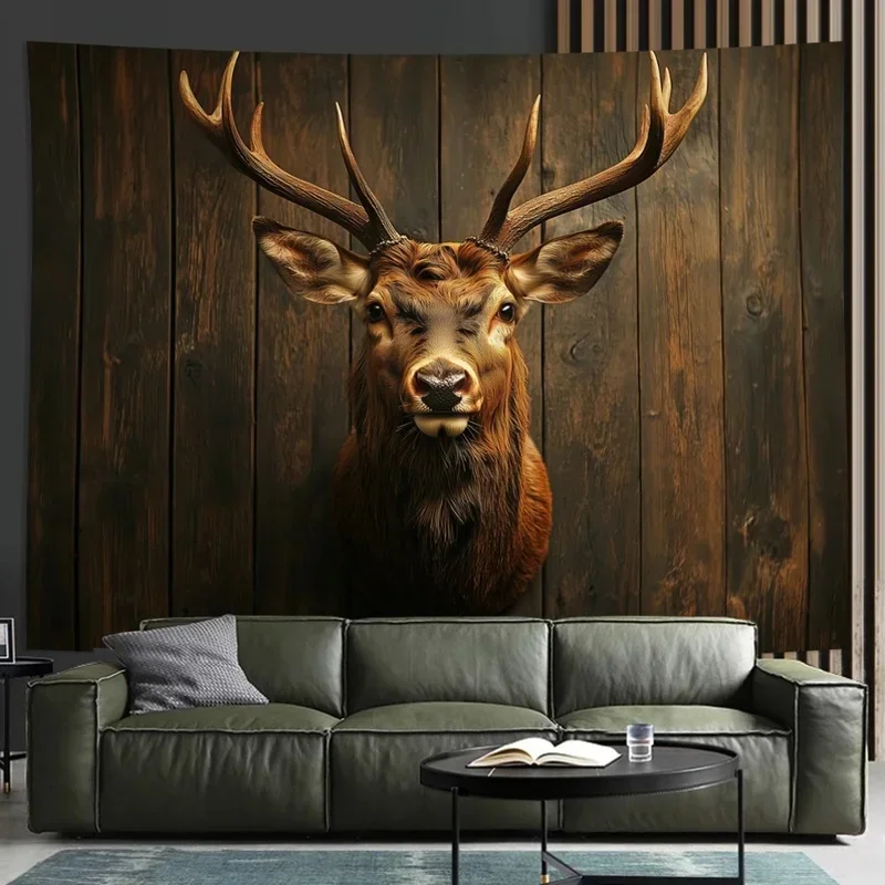 VIKAMA Deer Head Tapestry Vintage Wooden Board Stag Antler Wall Hanging Art Decor for Bedroom Living Room Cabin Home Decoration