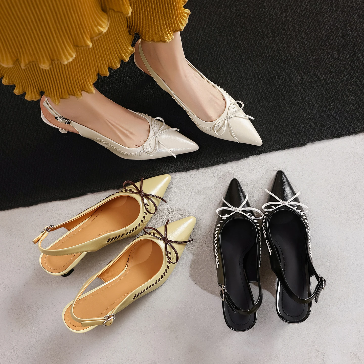 2026 new spring summer women sandals natural leather 22-25cm sheepskin pointed toe buckle butterfly-knot high heel women shoes