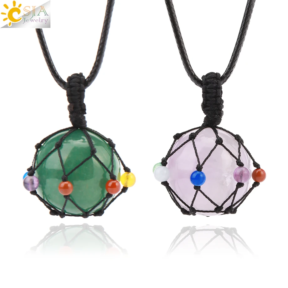 CSJA 7 Chakra Natural Stone Necklace 25mm Round Bead Woven Net Dream Pink Quarz Crystal Energy Neckalces Men Women Jewelry H300