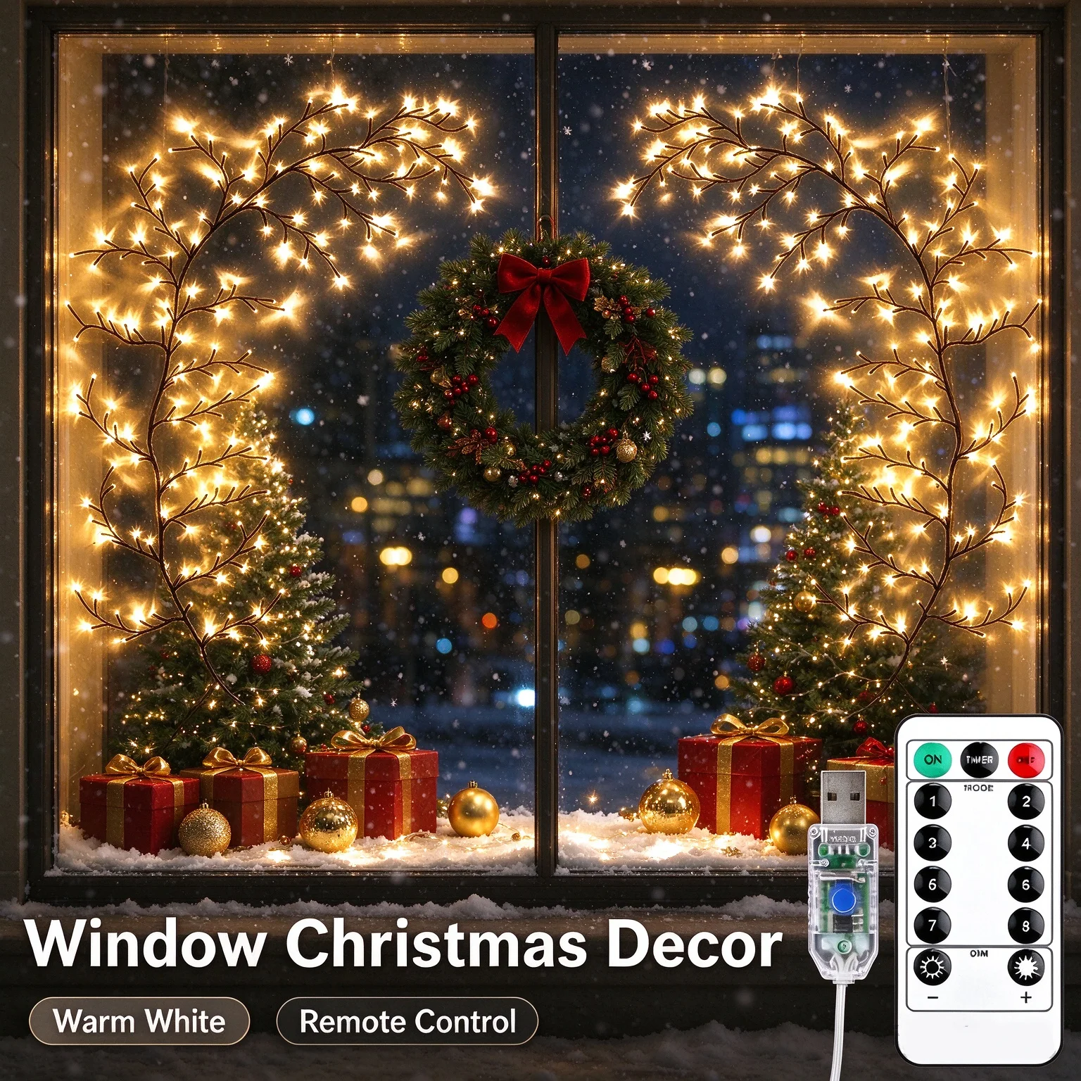 2/4/8Pcs USB Tree Vine String Lights with Remote Control Bendable Branch Fairy Lights Warm White 192/384/768 LED Twig Light for Home Bedroom Wall Wedding Party Indoor Christmas Decor