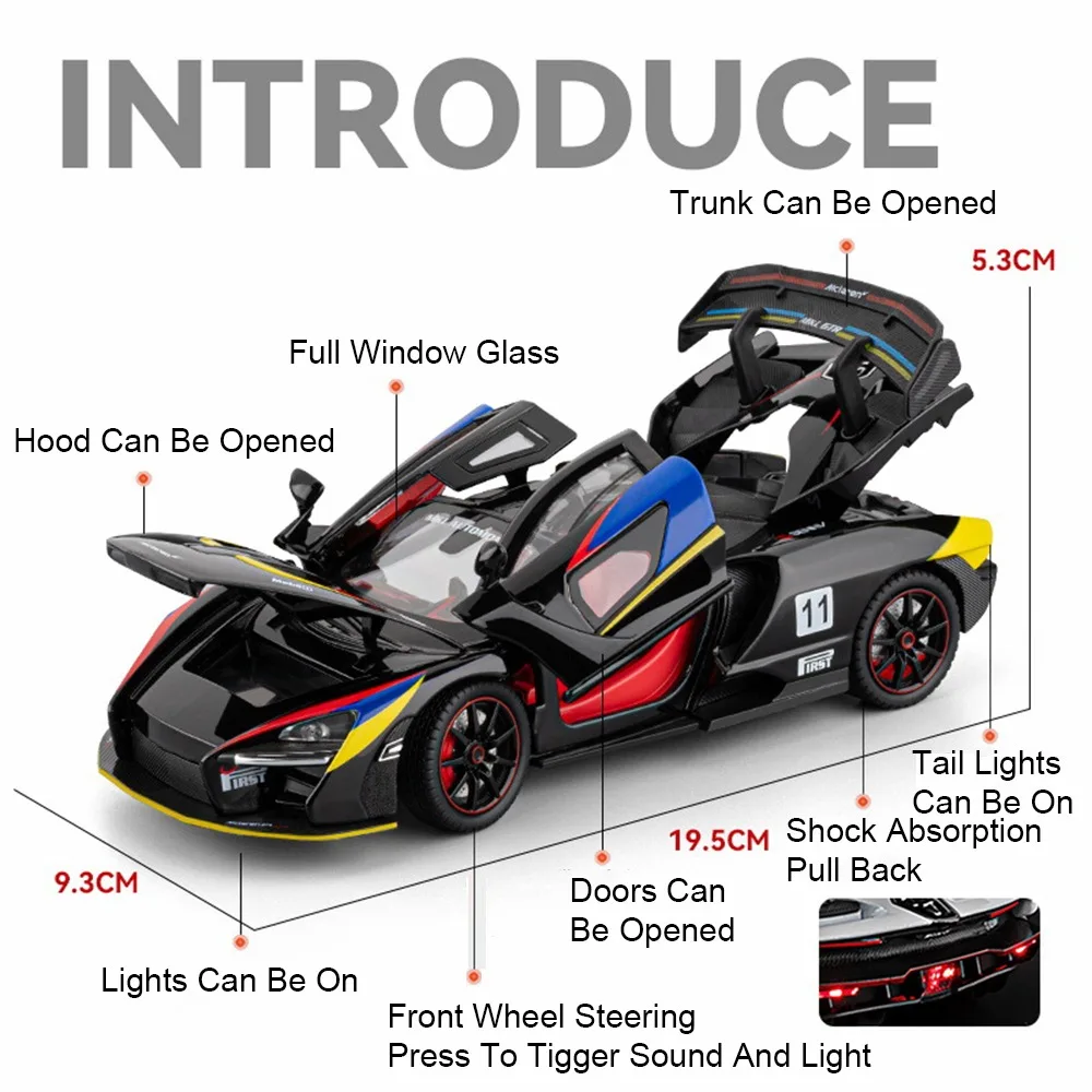 1:24 Senna GTR 720S Miniature Model Alloy Diecast Sports Car Toys Front Wheel Steering Sound Light Pull Back Boys Festival Gifts