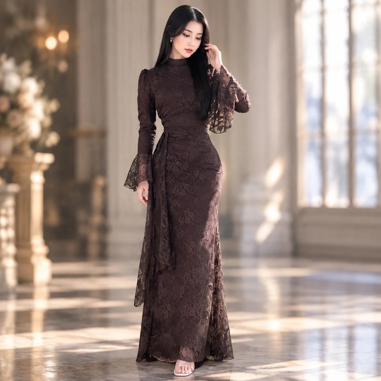 Long Dress Pleated Gown Maxi Length Elegant with Embroidered Print Standing Collar Wedding Dress Elegant Style Winter for Women