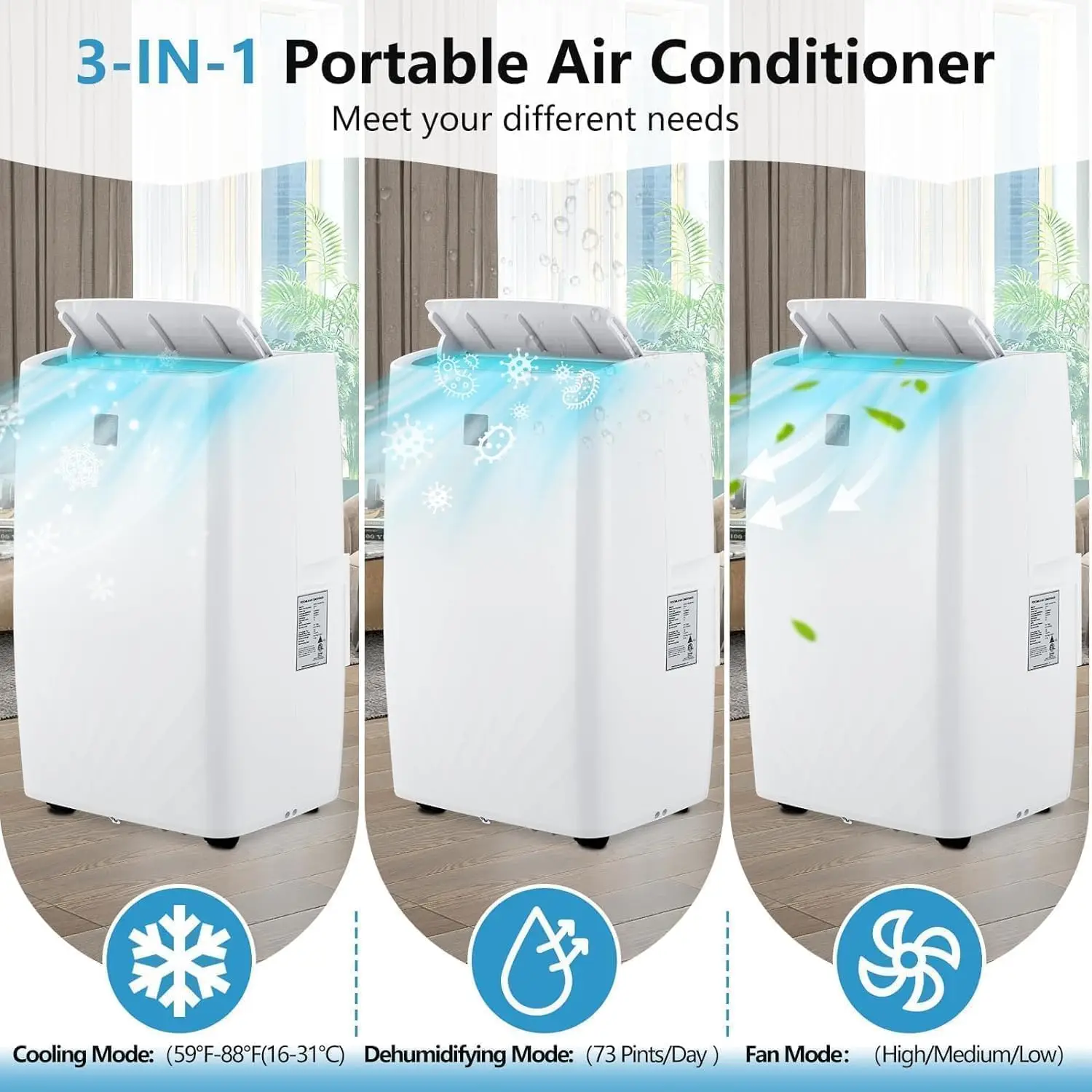 Portable Air Conditioner 14000 BTU, 4-in-1 AC/Dehumidifier/Fan/Move for Rooms, Cools Up to 750 Sq. Ft., Remote Control, Quiet Operation, 24H Timer, Window Installation Kit for Home Office