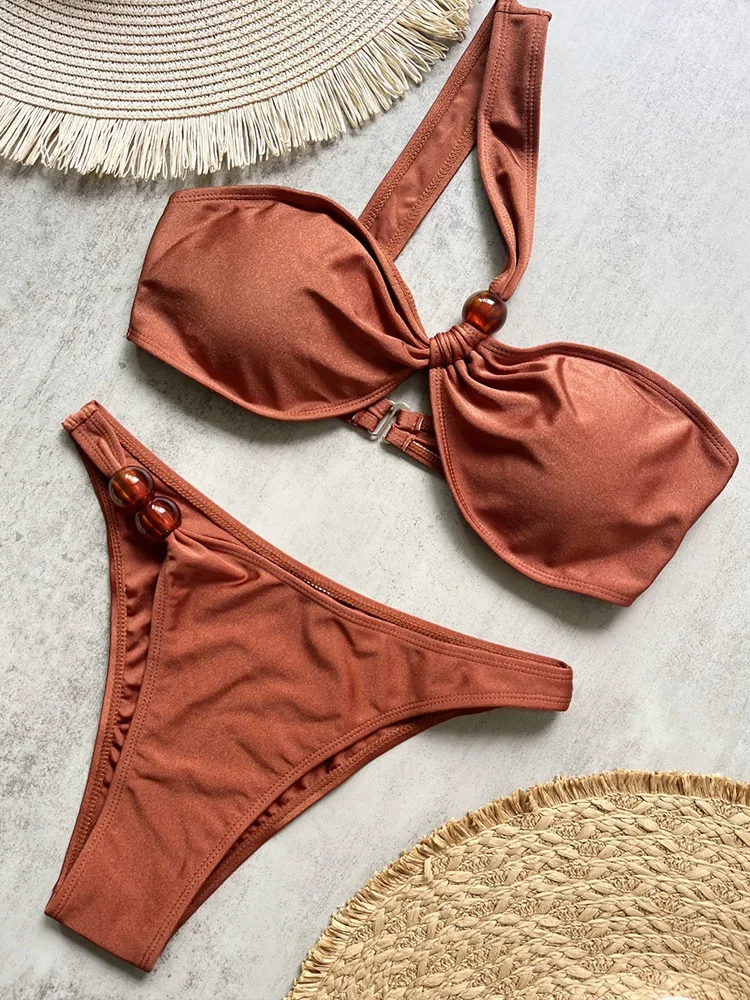 Sexy Solid Single Shoulder Bikini 2 Piece Set Women Split Swimsuit High Waist Beach Bikini 2025 New Summer Swimwear Bikinis Set