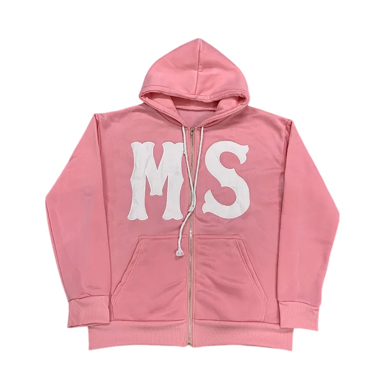 Women Zipper Pink Hooded Sweatshirt With MS Letter Patch Pattern Long Sleeved Hooded Sweatshirt With Pocket Loose Streetwear New