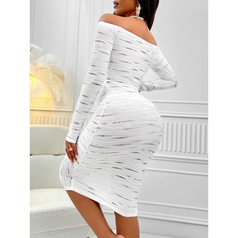 SHAN-Hot Sale Fall/Winter Hot-Selling Women's Fashion Sexy Solid Color off Shoulder Long Sleeve Hollow Dress