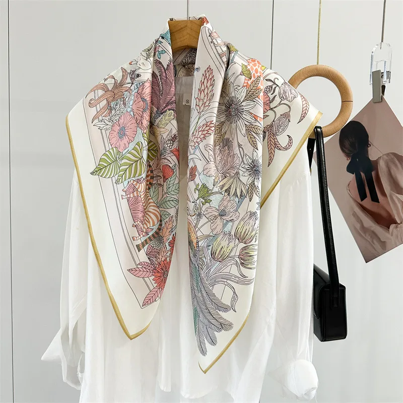 

35" Large Square 100% Real Silk Scarf Wraps Neckerchief Floral Printed Elegant Silk Shawl Cape for Women