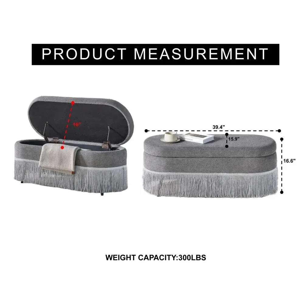 Orraves Grey Oval Storage Ottoman, Fringe Trim & Lift-Top Lid, 39