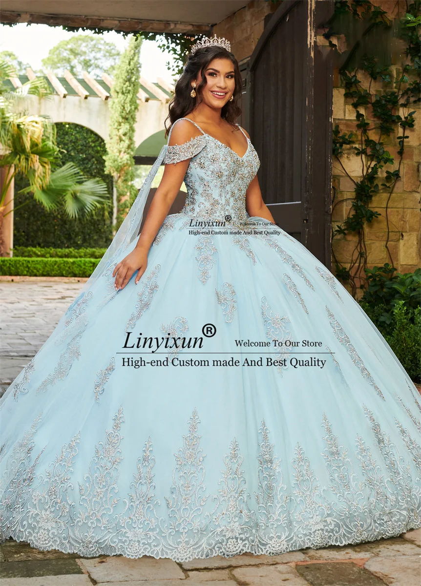 

Glitter Sky Blue Sweetheart Shiny Quinceanera Dresses With Cape Ball Gown Mexico Beads Appliques Crystal Tull Sweet 16 15Dresses