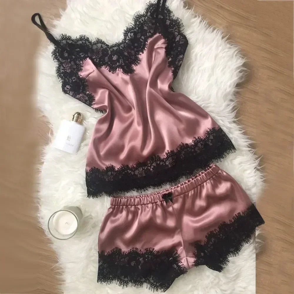 Women Sleep Cloth Sexy Lace Pajama Sets Female Underwear Sleeveless Silk Pajamas Tank Top and Shorts Pajamas Nightwear