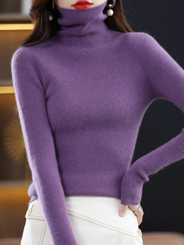 Autumn Winter Women 100% Merino Wool Sweater Seamless Turtleneck Cashmere Pullover Basic Slim Knitwear Solid Korean Clothing Top