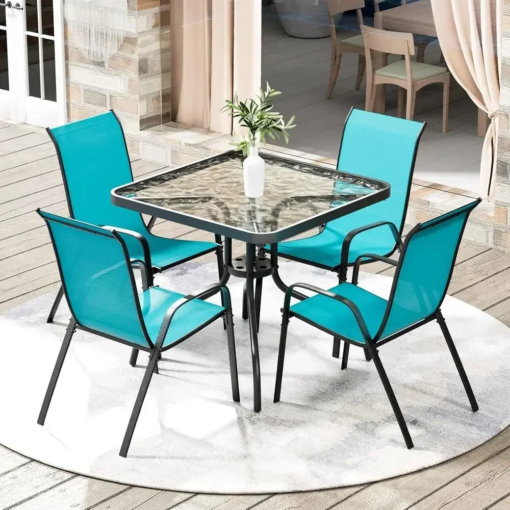 5-Piece Outdoor Dining Set with 4 Chairs and Square Glass Table, Ideal for Porch, Garden, Backyard, and Poolside (Blue)