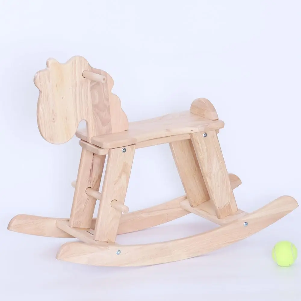 Natural Wooden Rocking Horse for Preschool Ages 3-6, Solid Rubber Wood