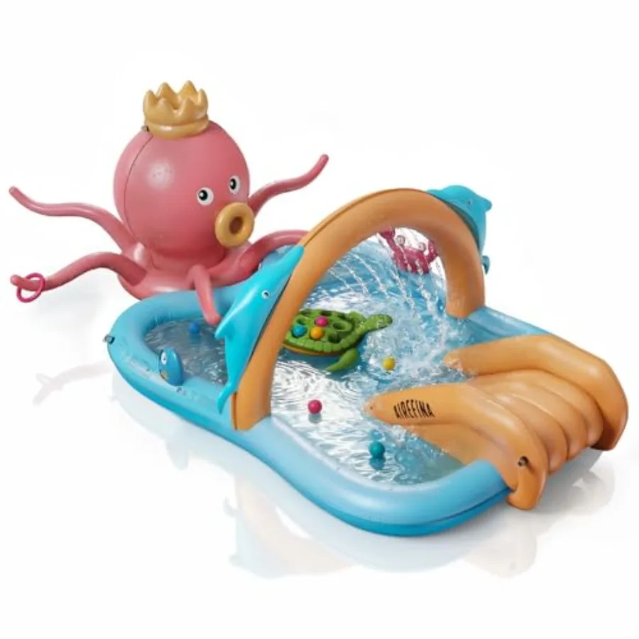 

Inflatable Kiddie Pool for Backyard Garden Water Park PVC Blue Octopus King with Detachable Slide Splash Pad Turtle Toss Target