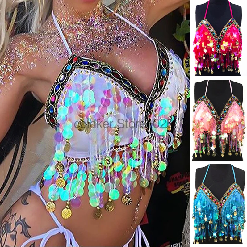 

Women Shiny Belly Dance Sequin Fringe Crop Top Sexy Colored Diamond Halter Bra Camisole Nightclub Performance Stage Show Costume