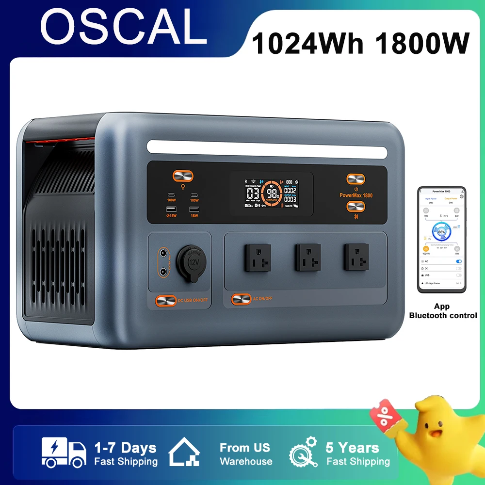 

OSCAL Portable Power Station PowerMax1800 1024Wh LiFePO4 Battery Pack 1800W Solar Generator 11 Output Port For Best Camping Home
