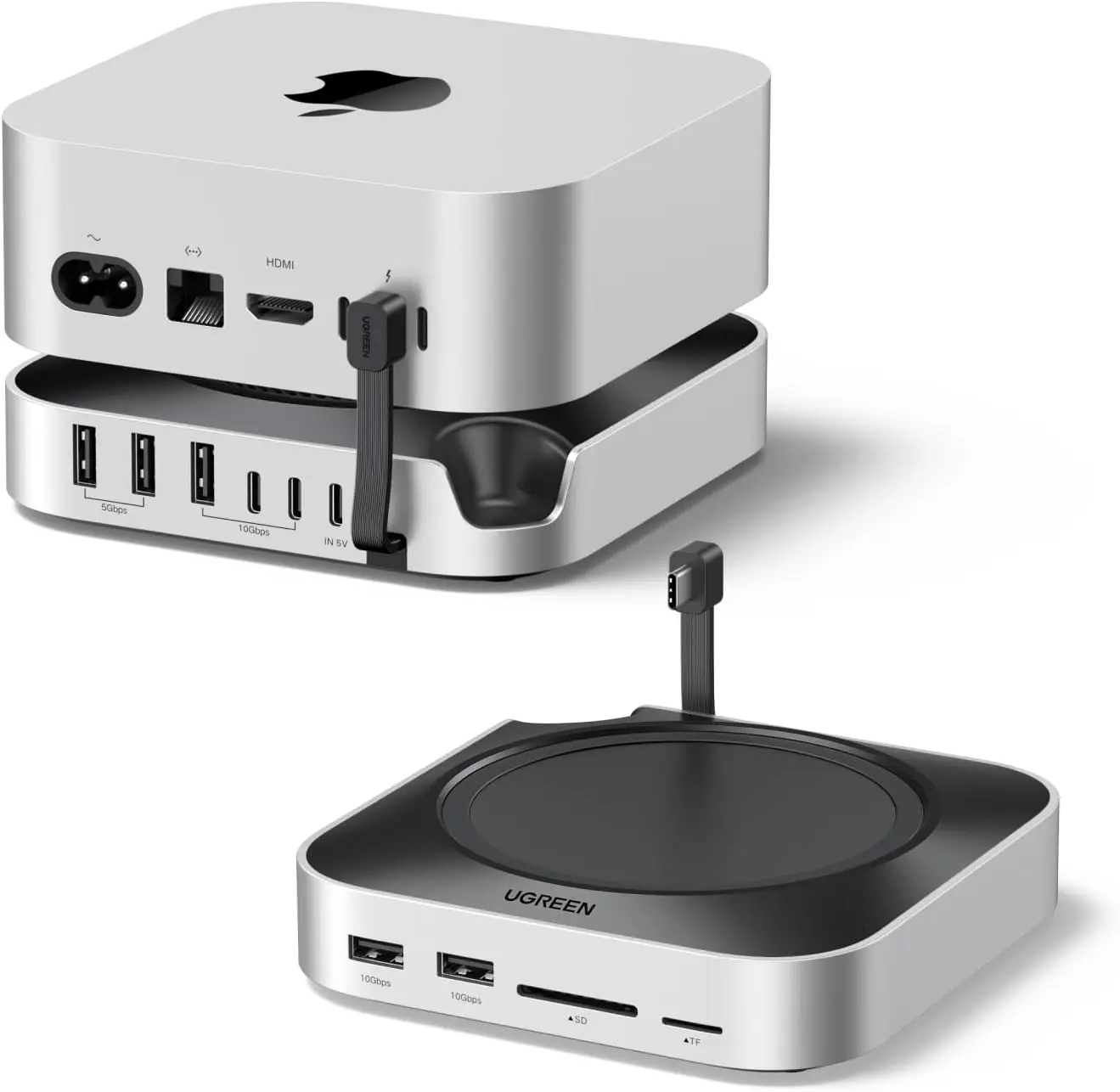 

Mac mini M4/M4 Pro Dock with NVMe SSD Enclosure, 3 USB-A 10Gbps, USB-C Data Port, SD Card Reader in Silver