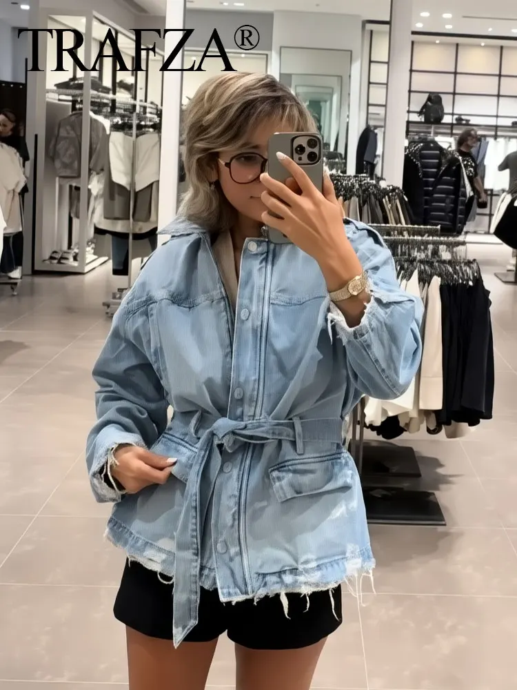 

TRAFZA Vintage Denim Jacket For Women Long Sleeves Lapel With Pockets Belted Causal Coats Autumn Street Fashion Outerwear