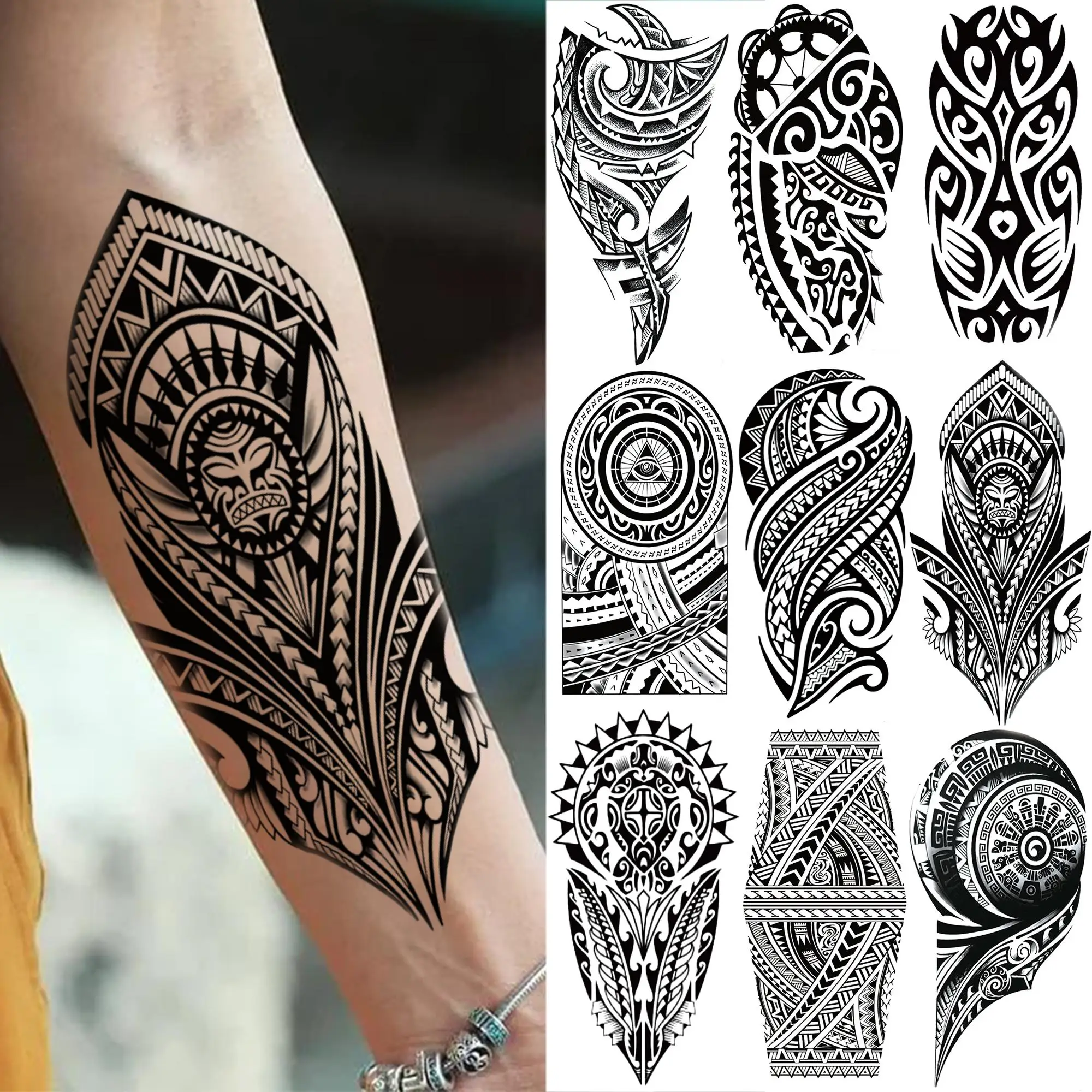 1 ورقة القبلية الطوطم الماوري مقاوم للماء الوشم المؤقت للرجال والنساء ، أسود وهمية كم الوشم ملصق ، الحد الأدنى الوشم الرجال