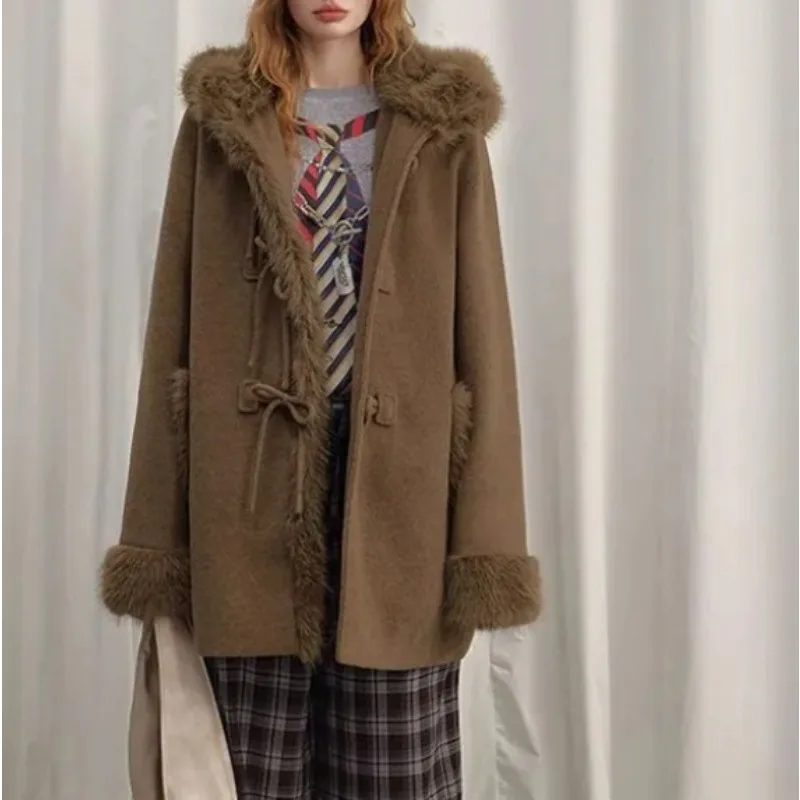 College Hooded Tweed Coat Women's Vintage Premium Plush Edge Bow Tweed Jacket