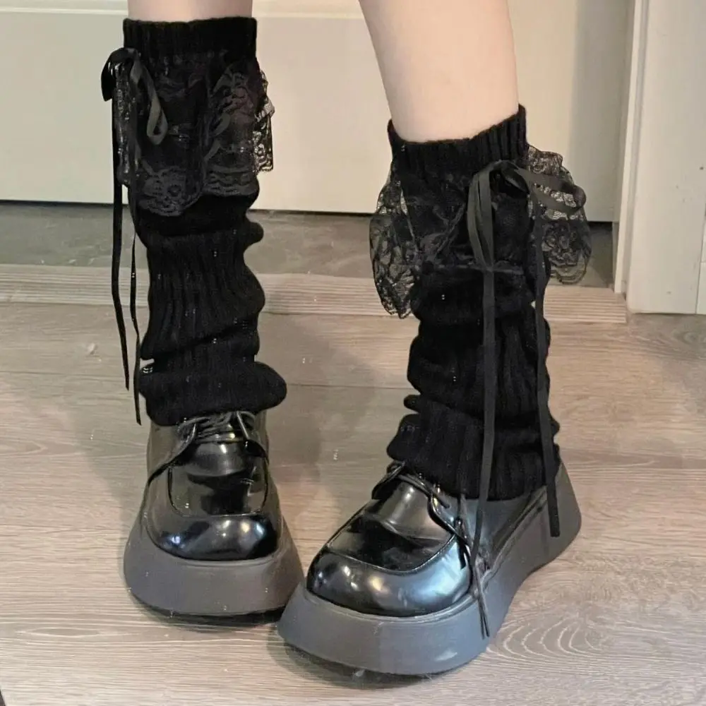 Japanese Y2K Lace Bow Leg Covers Soft Knitted Streamer Leg Warmers Keep Warm Thicken Ankle Warmer Princess Style