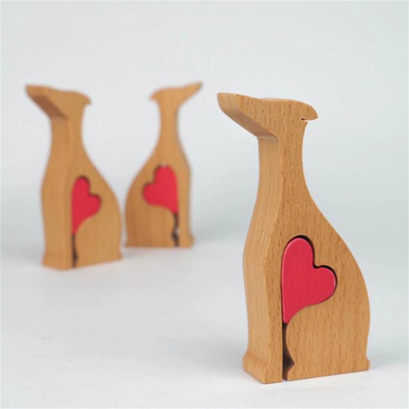 Handmade Wooden Statue Whippet Dog Craft Figurine With Red Heart Desktop Table Ornament Home Office Decoration Gift  For Office