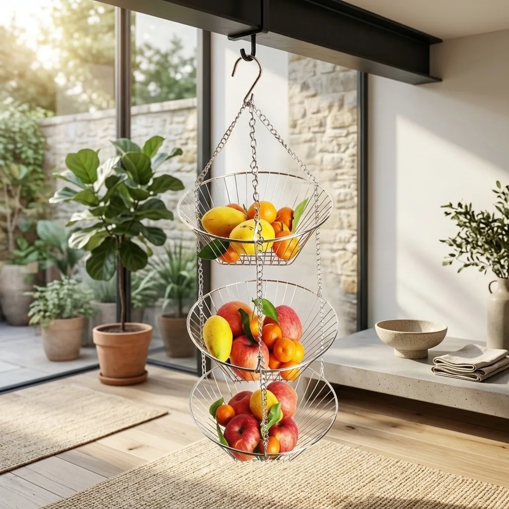 3 Tier Chrome Fruit Basket for Hanging Multi Level Storage Rack Adjustable Height Iron Wire 11 x 11 x 32 Inches