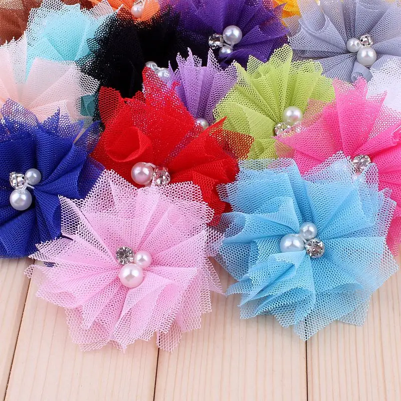 6.5CM Fashion Mesh Hair Flower With Rhinestone Pear For Hair Accessories Chiffon Flowers For Wedding Bouquet