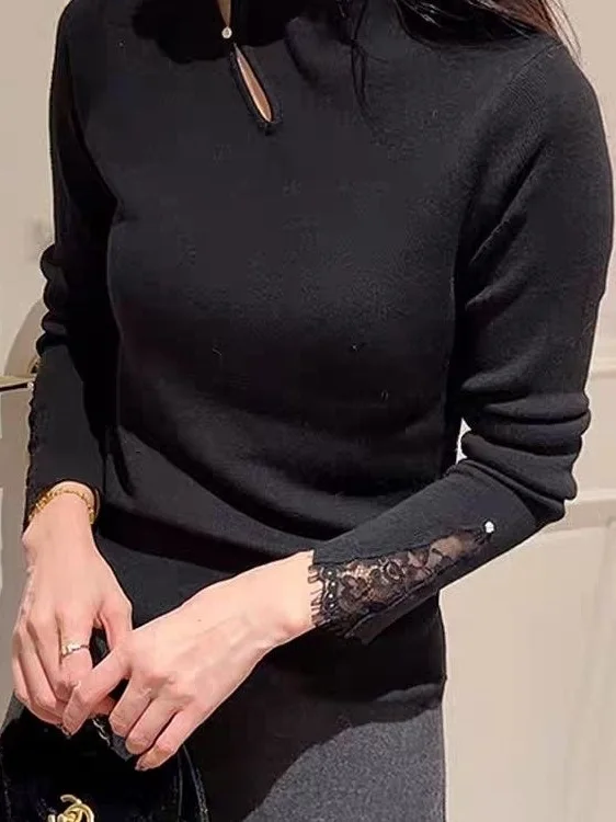 

Bla Lace Splice f High Collar Knitted Sweater Women's Slim Fit Inner Wear 2026 New Sle Autumn High End Feelings