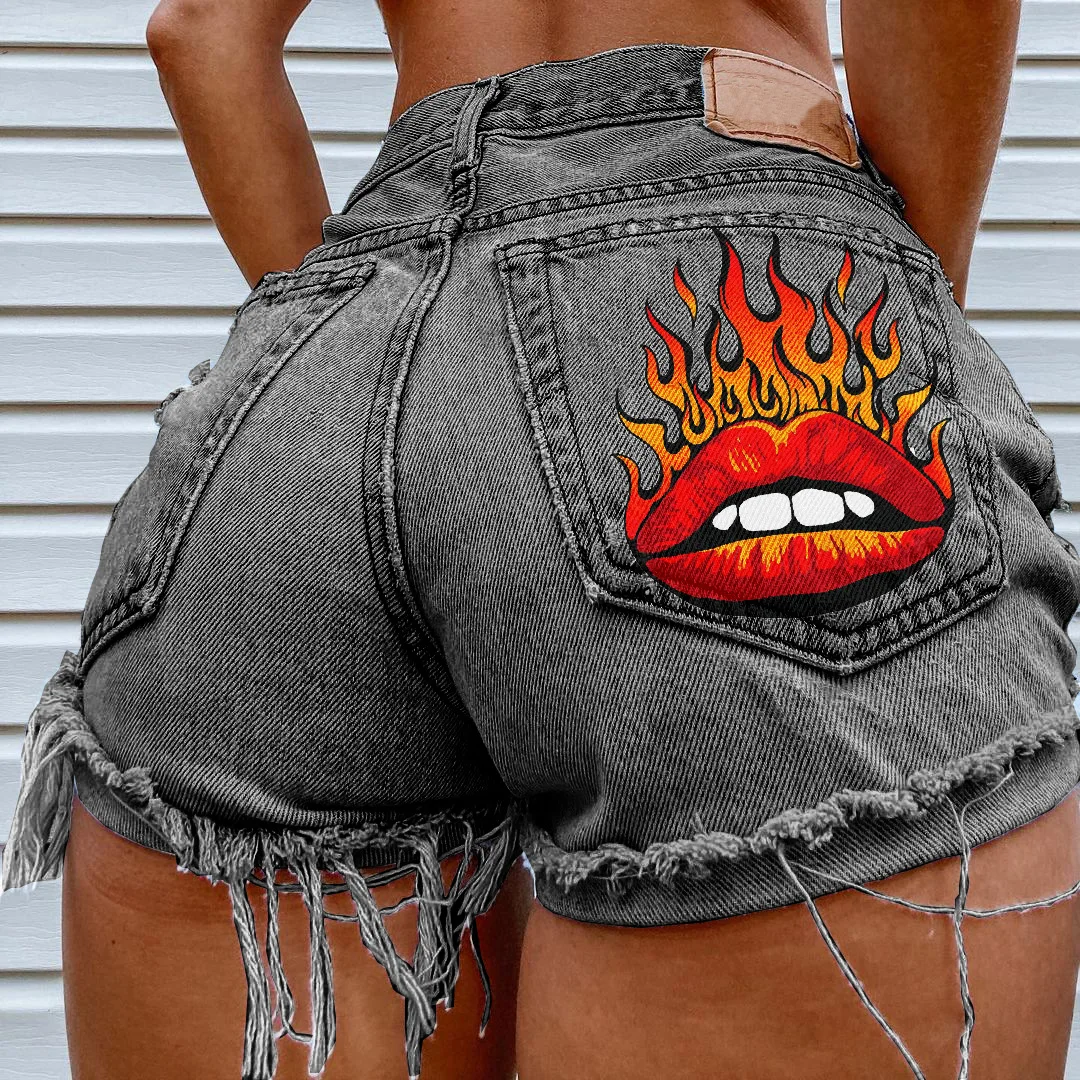 

Denim Shorts For Womeny2k Fashion Personality Lip Pattern Print Pocket Spicy Girl Hip Hop Hole Tassel Denim Shorts Hot Pants