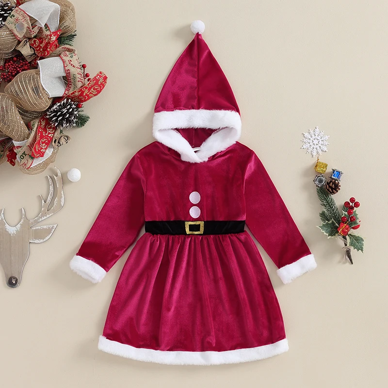 

BeQeuewll Kids Girls Dress Christmas Clothes Plush Trim Belt Button Embroidery Hooded Long Sleeve Dress Party Princess Dress