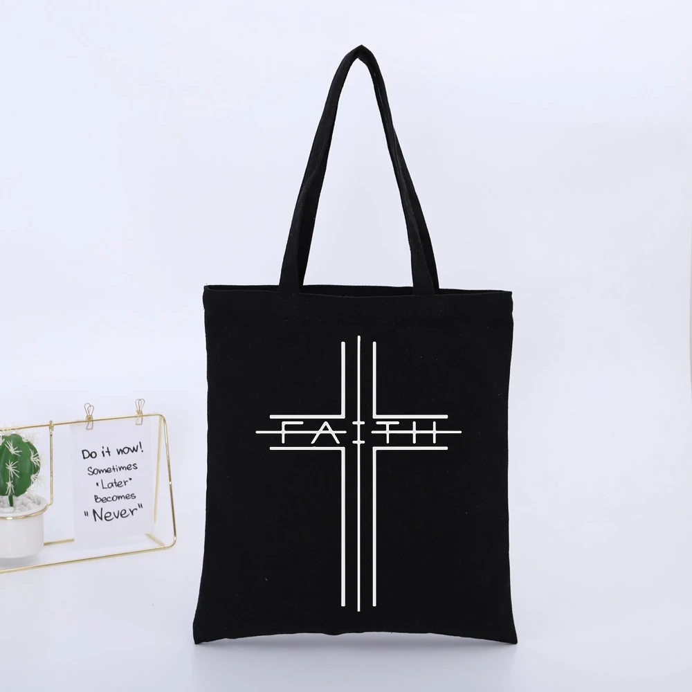 Unisex Cross and Letter Print Canvas Tote Bag, Minimalist Design for Daily Shopping and Casual Outings