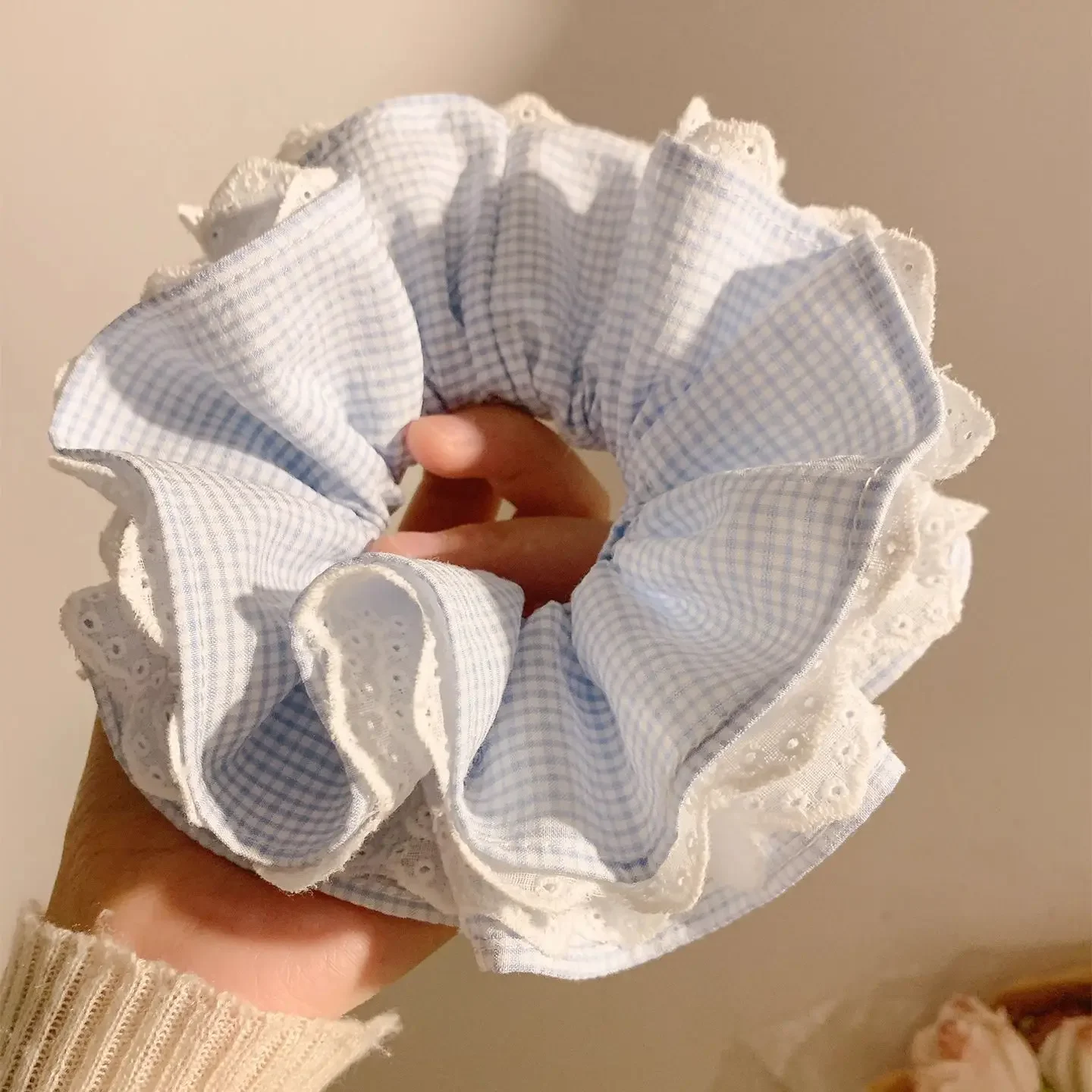 Blue Plaid Lace Scrunchie Korean Style Large Bow Hair Ring High Elastic Ponytail Holder for Women Girls Hsir Tie