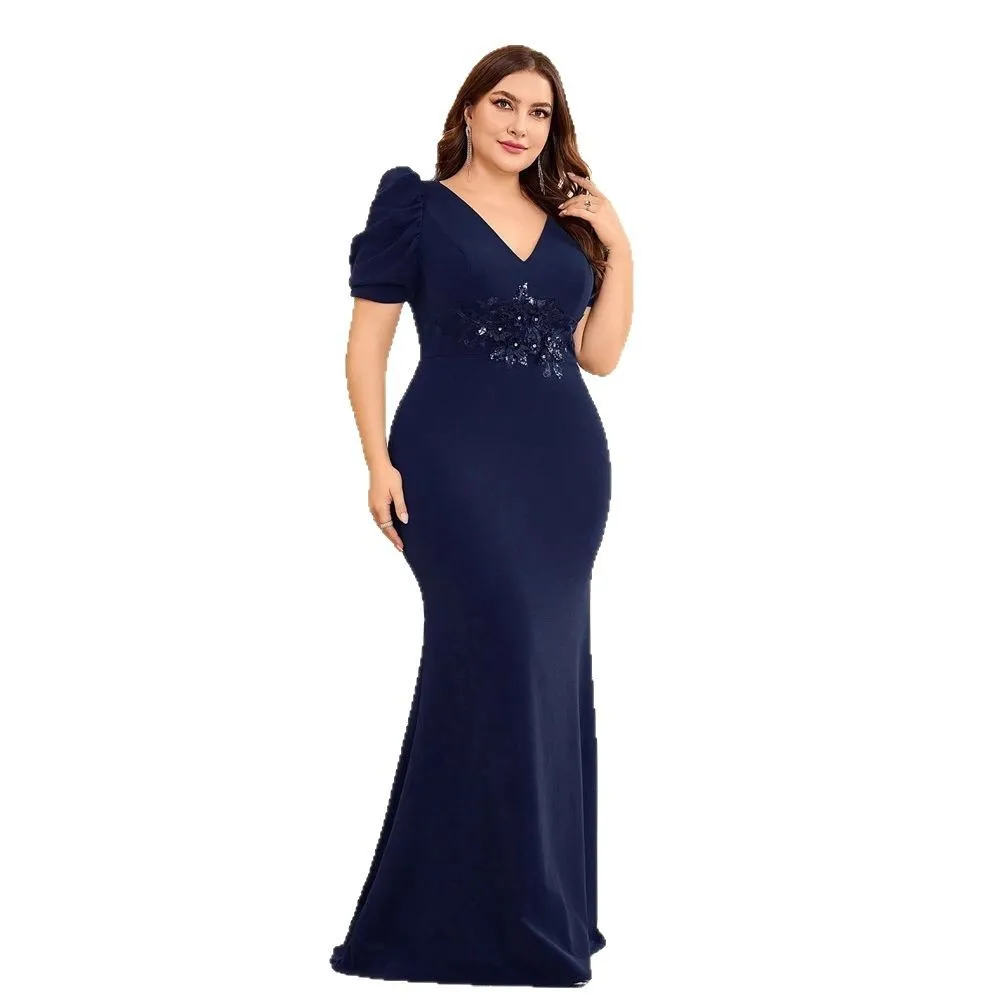 Plus Size Navy V Neck Puff Short Sleeve Floral Beaded Waist Mermaid Maxi Dress Solid Stretch Formal Mother of Bride Evening view 5