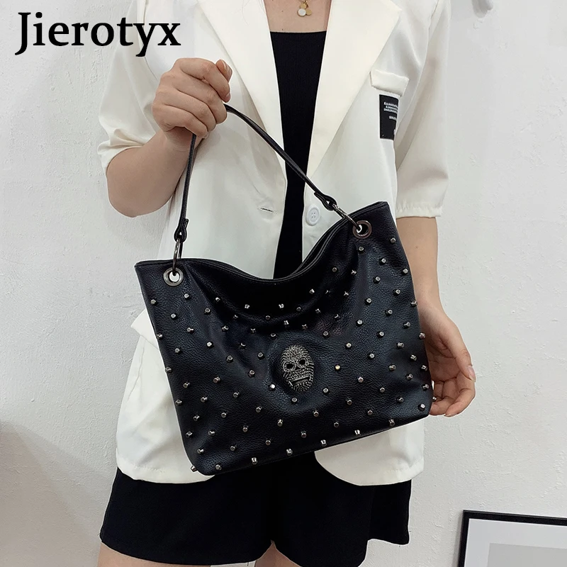 JIEROTYX Women Bag PU Leather Crossbody Bag Purse Gothic Skull Handbag High Quality Fashion Rivet Punk Shoulder Bags Female