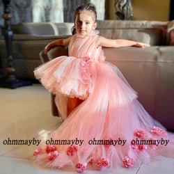 Abito da principessa rosa Organza Fluffy Sweep Train Flower Girl abiti senza maniche 2024 Summer 3D Flower con un grande fiocco con cerniera sul retro